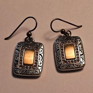 Brighton Rectangle Drop Earrings Silver Gold Tone Crystal Swirl Filigree